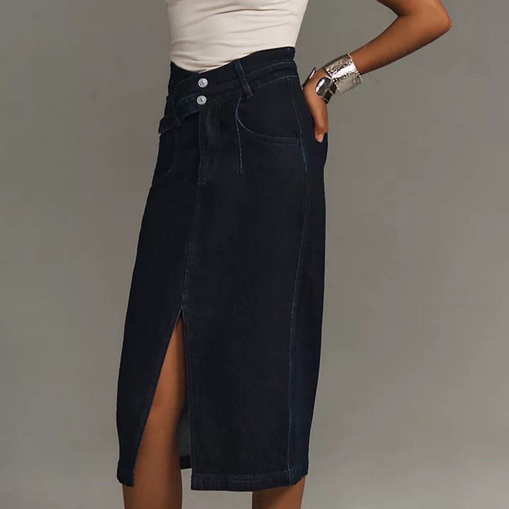 Anthropologie Pilcro Arden Double-Waist Midi Skirt Black Denim Jean 12 NEW